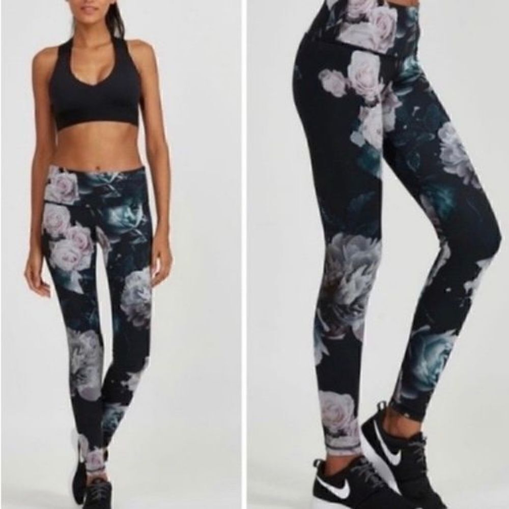 NOLI Active Allure Floral Print Yoga Legging Gray Tone Roses Women’s X-Small